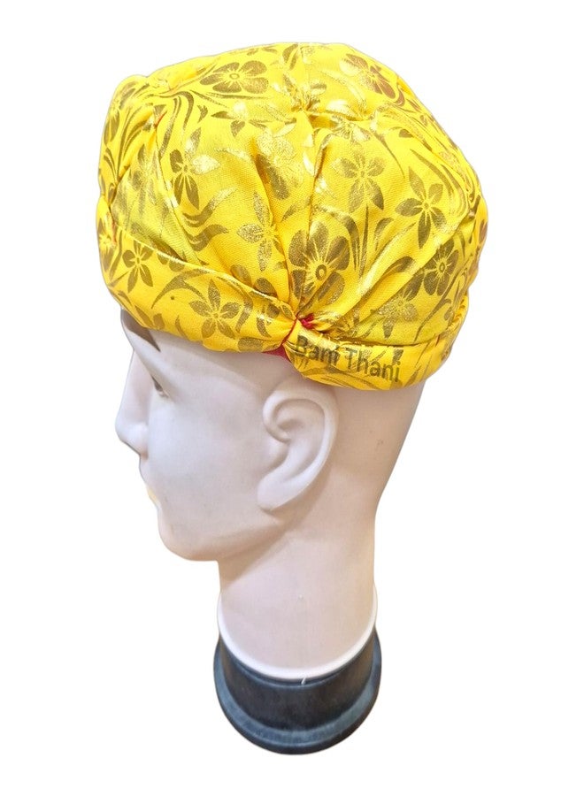 BANI THANI® Rajasthani Cotton Pagdi for Men's & Women's Traditional Round Turban for Any Party Events or Festival, Yellow Pagdi with Golden Print, Freesize (Yellow Foil Topi) - Image 4